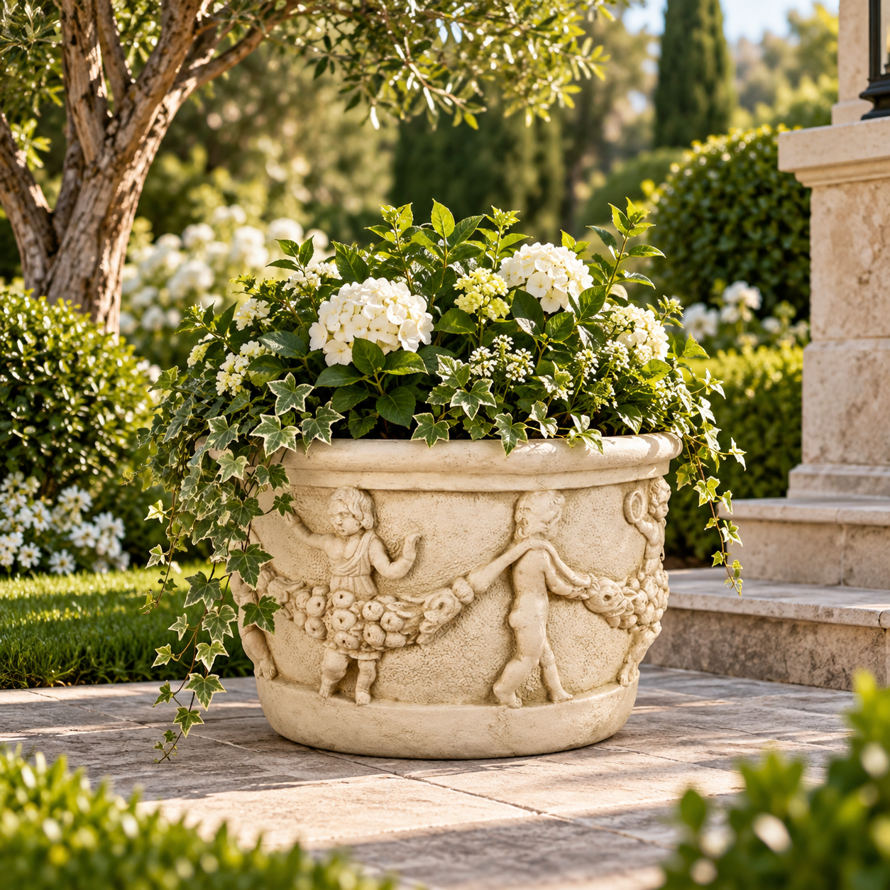An ornate beige stone planter with carved cherub and grapevine details, filled with white flowers and green ivy, set in a lush garden next to a stone pillar.