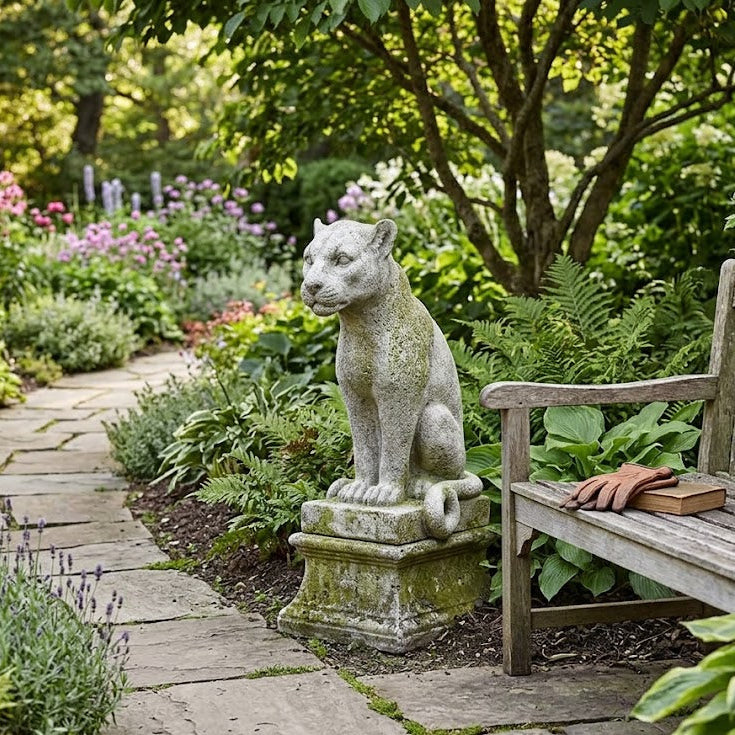 Garden scene with a stone cat statue and wooden bench surrounded by plants and flowers.