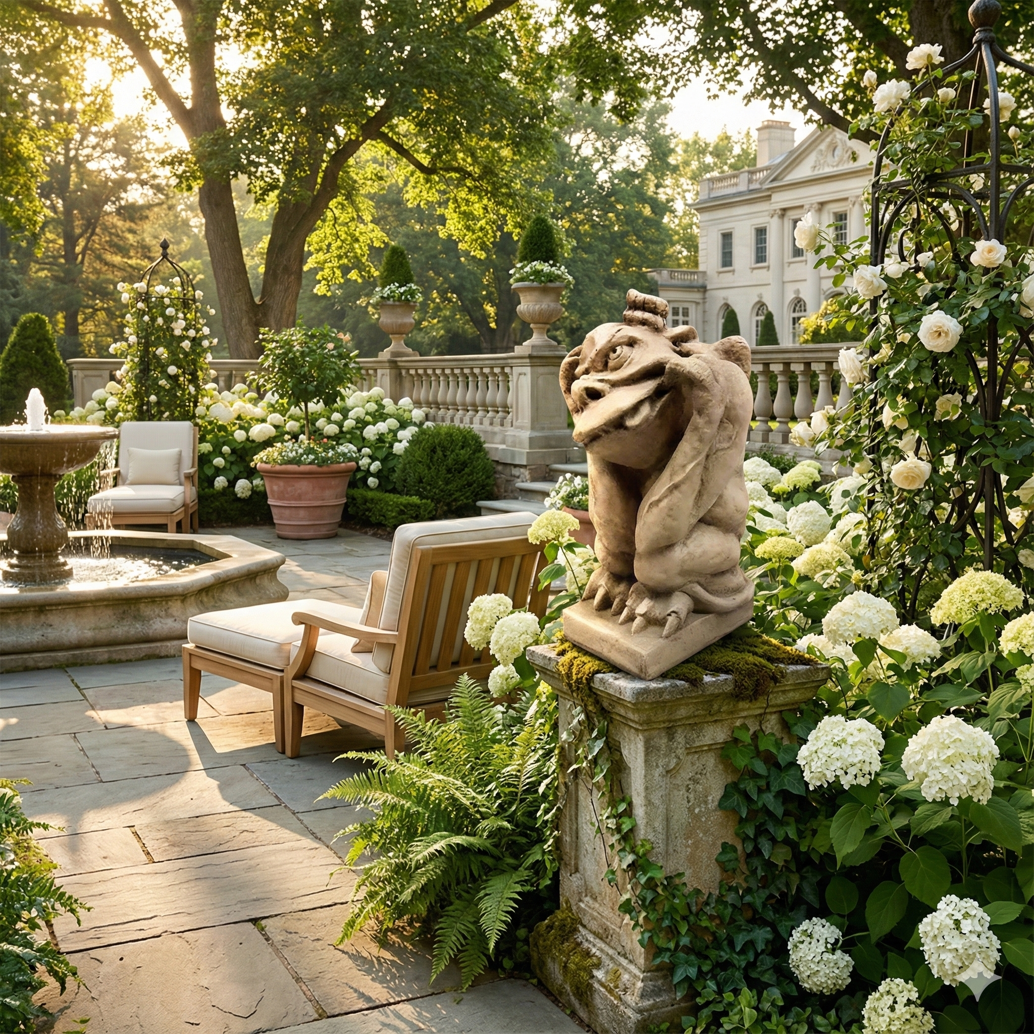 Garden scene with stone statue, chairs, and flowers in a sunlit garden.
