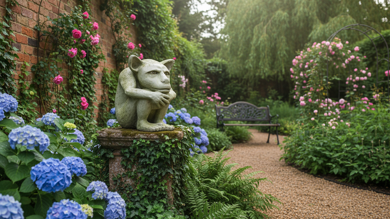 Garden scene with a stone gargoyle statue, flowers, and a bench.