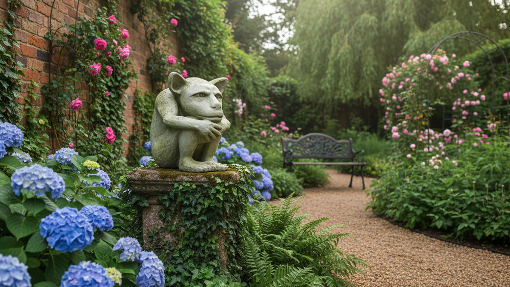 Garden scene with a stone gargoyle statue, flowers, and a bench.