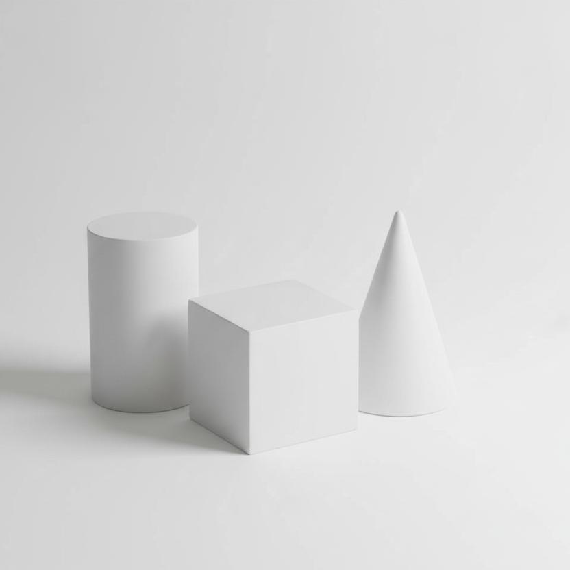 Three white geometric shapes on a light gray background