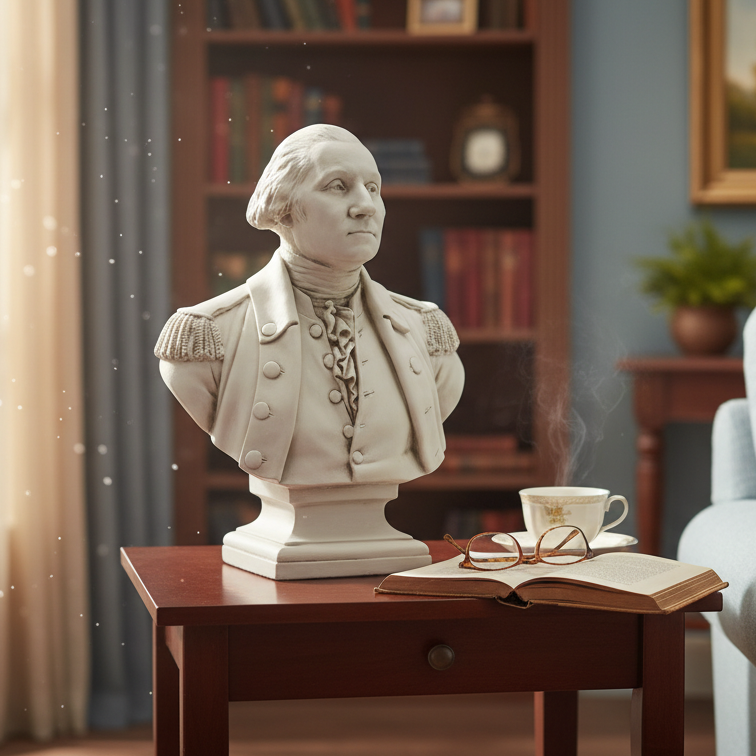 Bust of a historical figure on a table in a living room with a couch and books.