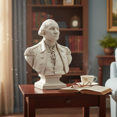 Bust of a historical figure on a table in a living room with a couch and books.