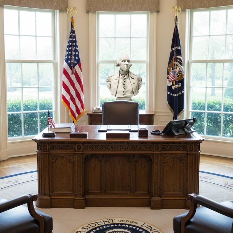 Presidential office with wooden desk, chairs, and American flags.