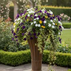 Decorative pot with purple, white, and yellow flowers in a garden setting