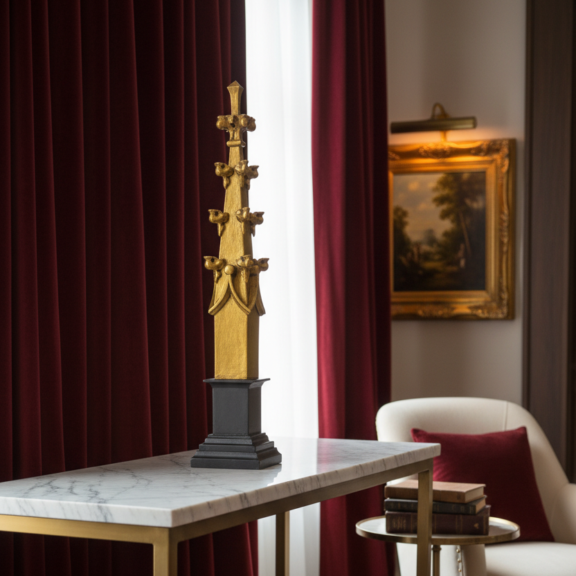 Decorative table with a tall gold and black sculpture, white chair with red cushion, and framed artwork in a room with red curtains.
