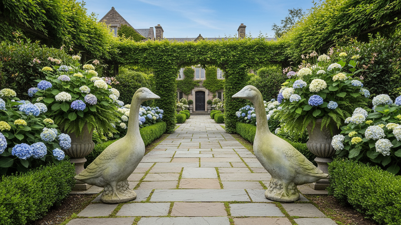 Graceful Honker Goose Statue – White Moss Garden Finish