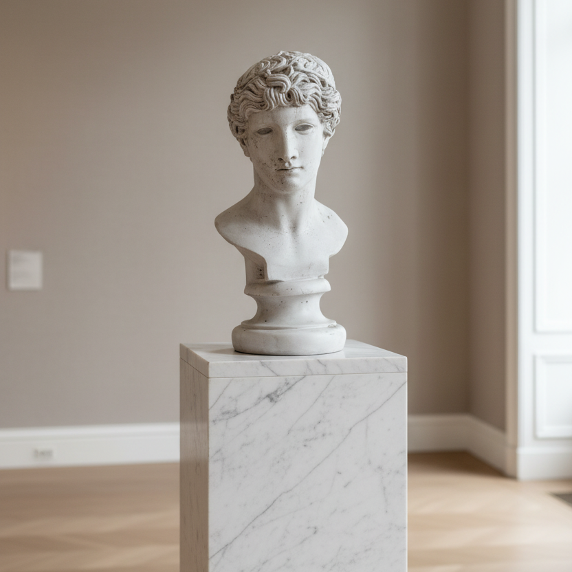 White marble bust on a pedestal in a room with neutral walls and wooden floor.