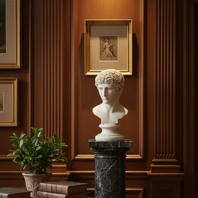 A classical white marble bust sculpture displayed on a dark marble pedestal in an elegant room with dark wood paneled walls, framed art, a round wooden table with books, and a potted plant.