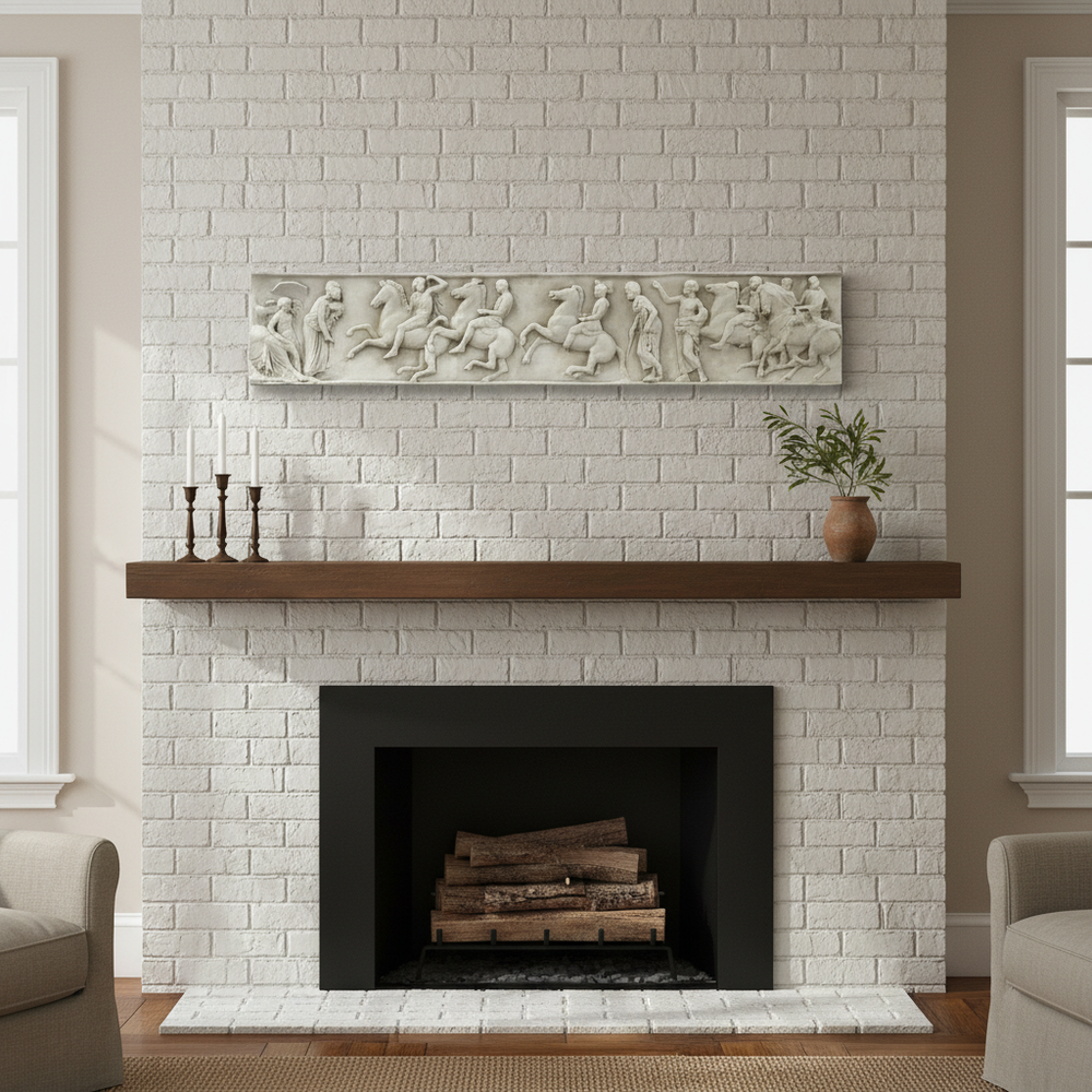 White brick fireplace with wooden mantel and decorative elements in a living room.