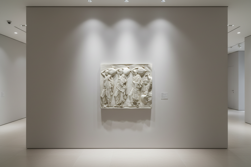 White relief sculpture on a wall in a museum setting