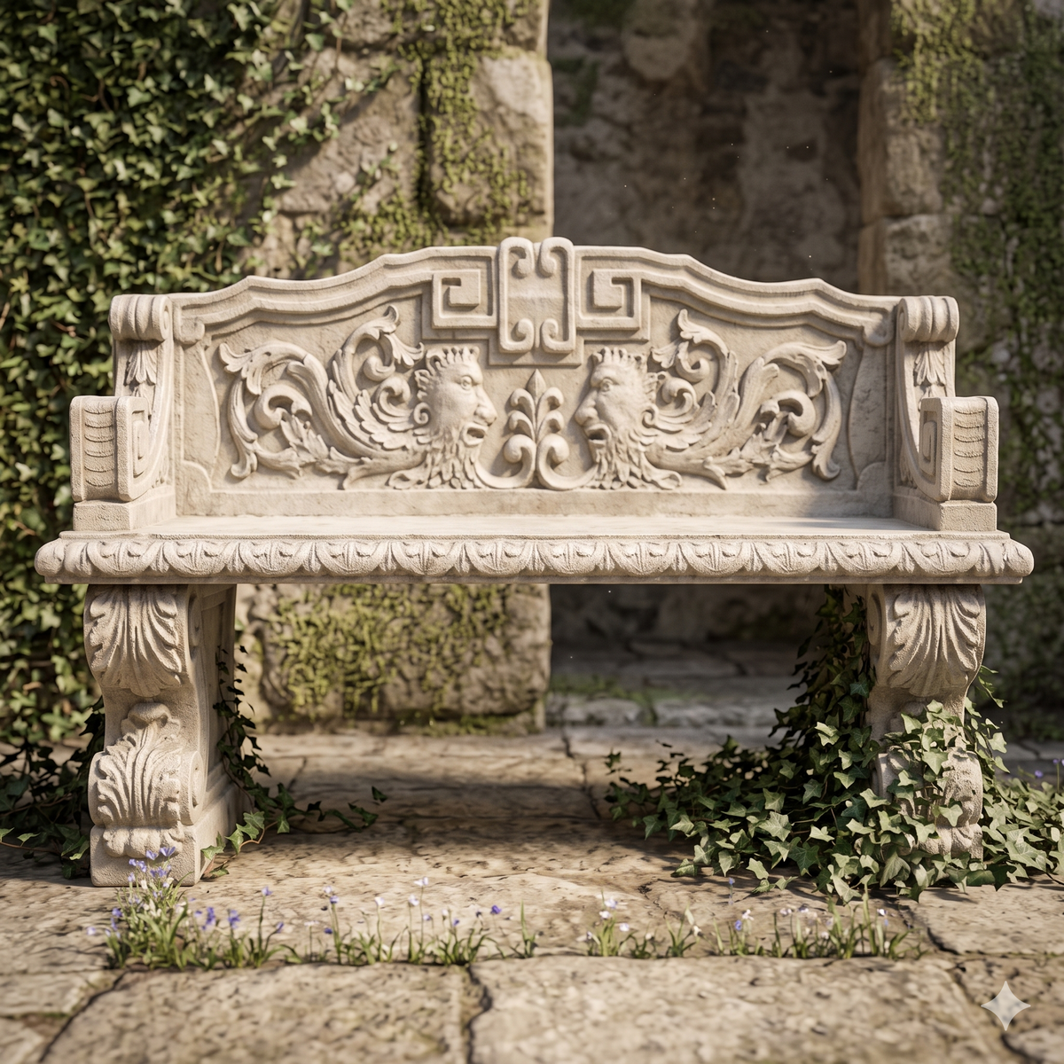 Decorative stone bench with intricate carvings in a garden setting.