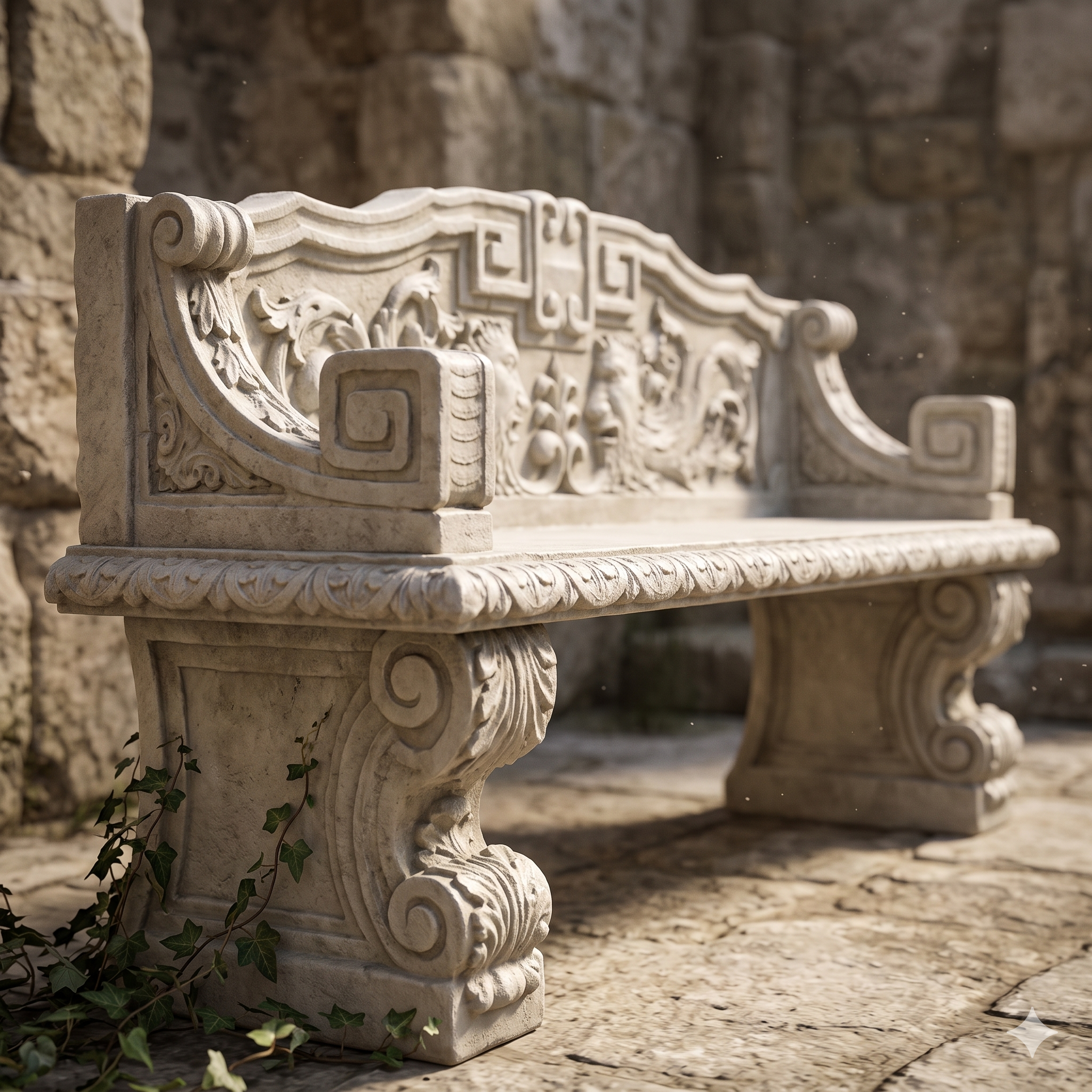 Decorative stone bench with intricate carvings in a stone-walled background