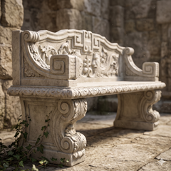 Decorative stone bench with intricate carvings in a stone-walled background