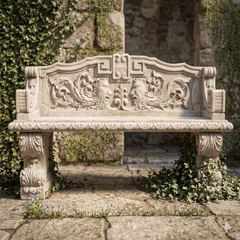 Decorative stone bench with intricate carvings in a garden setting.