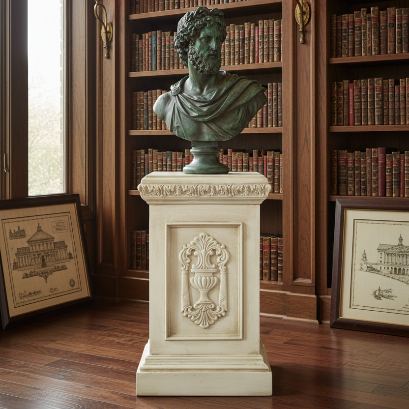 Bronze bust on a decorative pedestal in a library setting