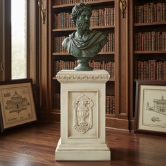 Bronze bust on a decorative pedestal in a library setting