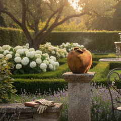 Outdoor garden setting with a table and chairs, flowers, and a fountain.