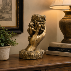 Bronze sculpture of a hand holding a rock on a wooden surface with books and a lamp in the background.