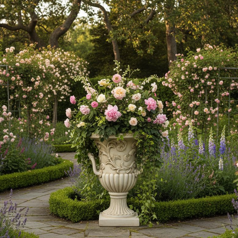 Decorative urn filled with flowers in a garden setting