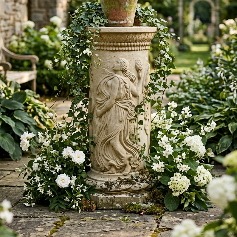 A carved stone garden pedestal with a classical figure relief, topped with a terracotta planter holding a small rounded green shrub, set in a lush garden with white flowers and greenery.