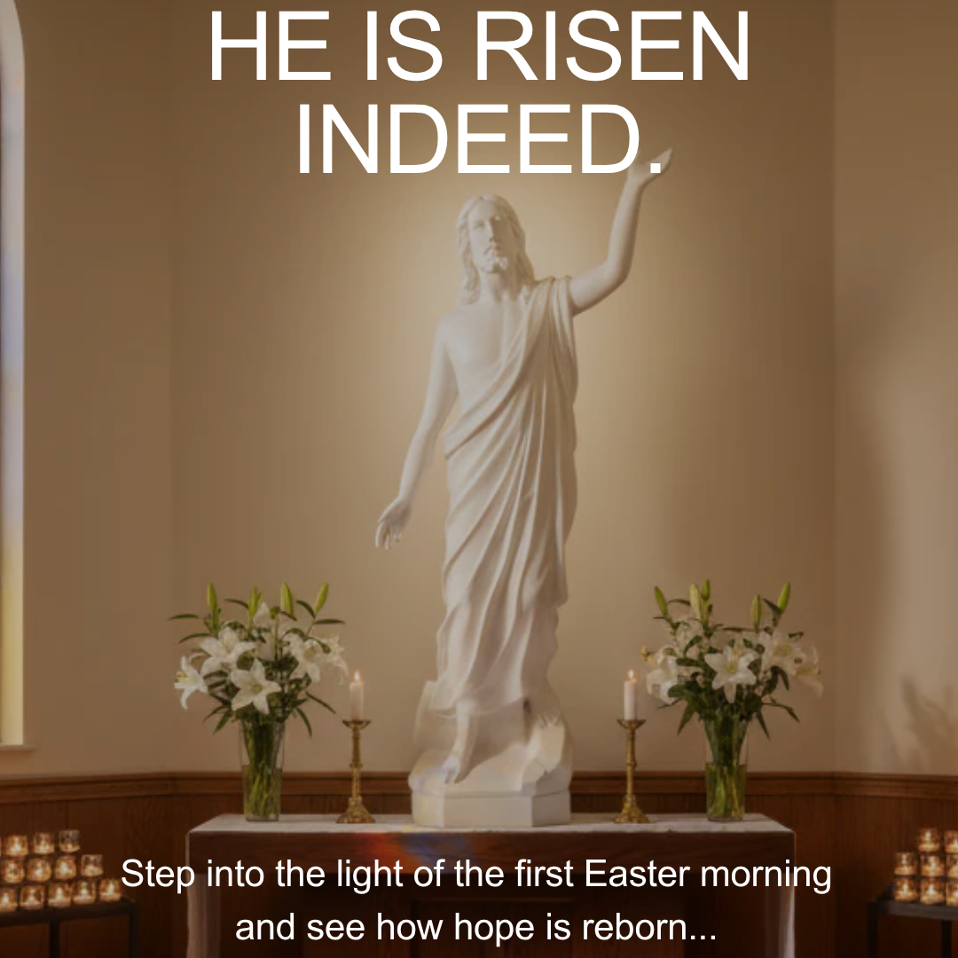 Statue of a risen Christ in a church setting with text about Easter and hope.