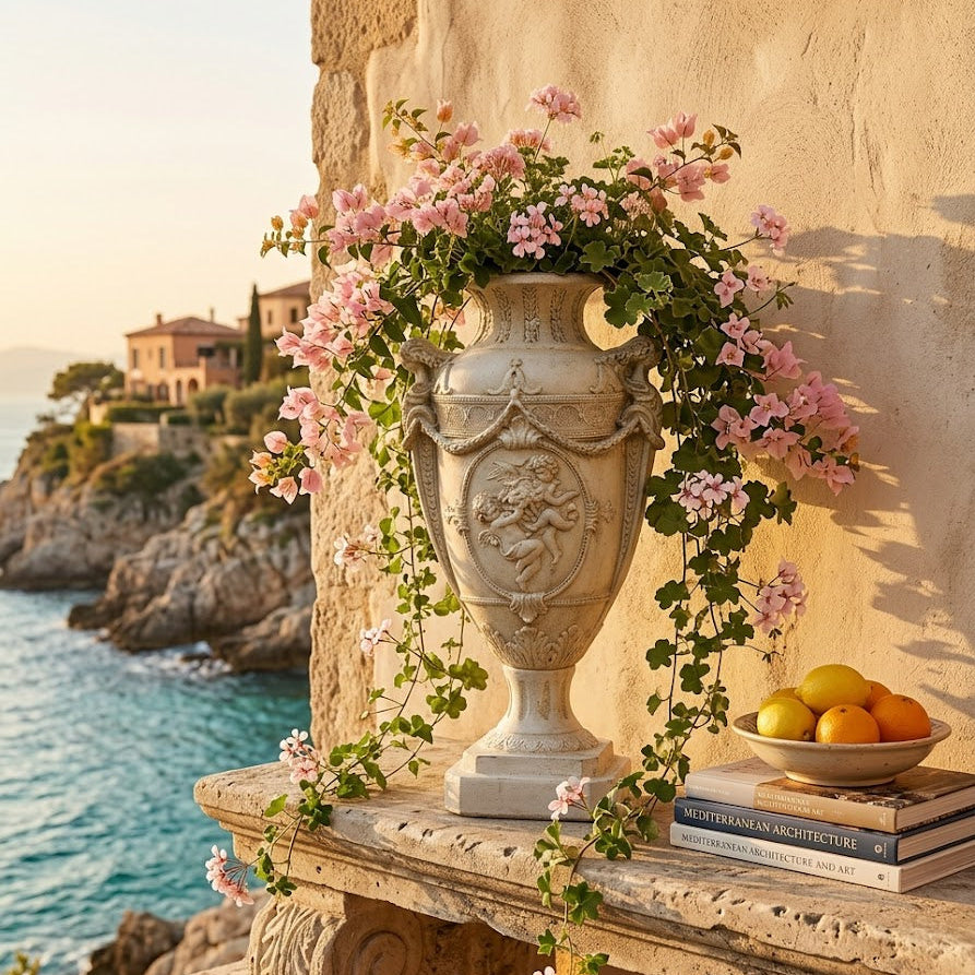 Decorative urn with flowers on a stone ledge by the ocean