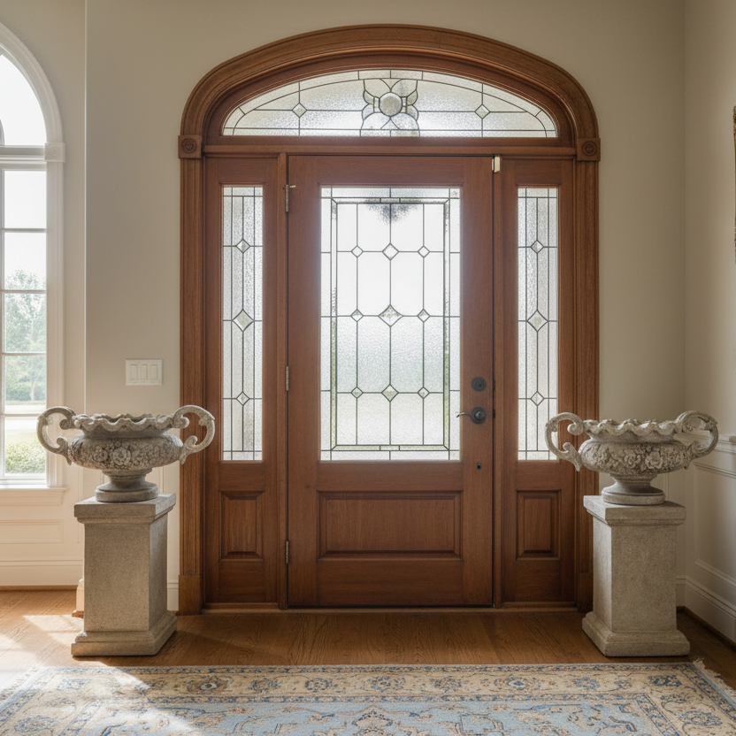 Foyer with a wooden front door, decorative urns, and a mirror.