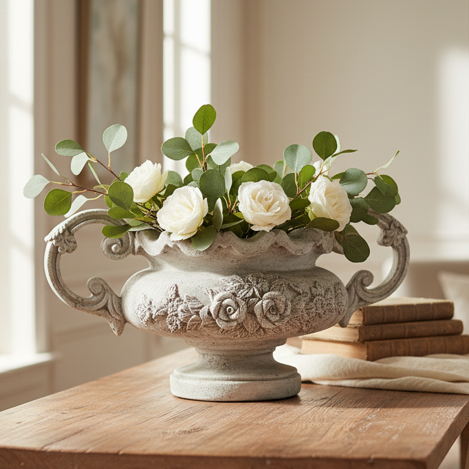 Decorative vase with flowers on a wooden table in a living room.