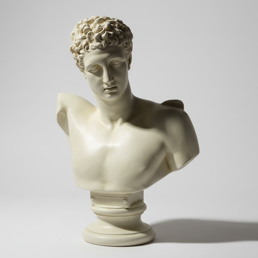 White marble bust of a classical figure on a light gray background