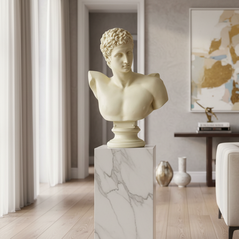 Bust of a classical figure on a marble pedestal in a stylish room.
