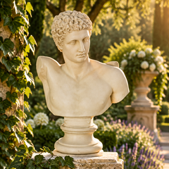 A classical-style stone bust sculpture of a young man with curly hair, mounted on a pedestal, set in a sunlit garden with ivy, flowers, and foliage.