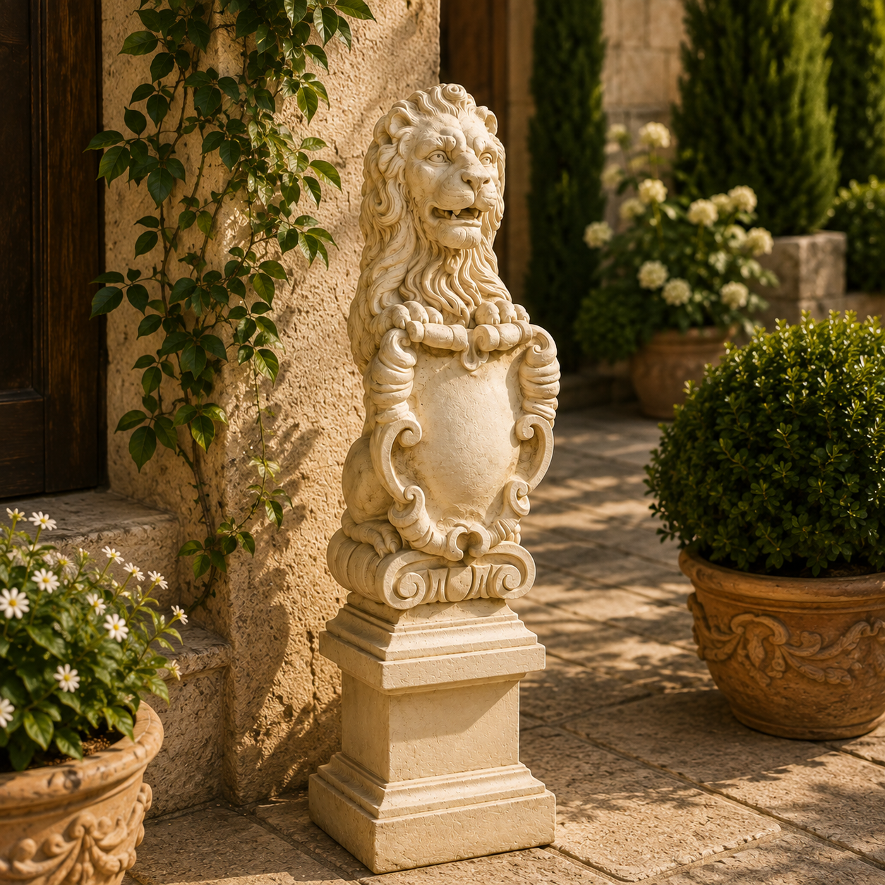 A stone lion statue with a decorative crest and pedestal, placed outdoors on a stone patio beside a stucco wall, climbing vines, potted plants, and trees.