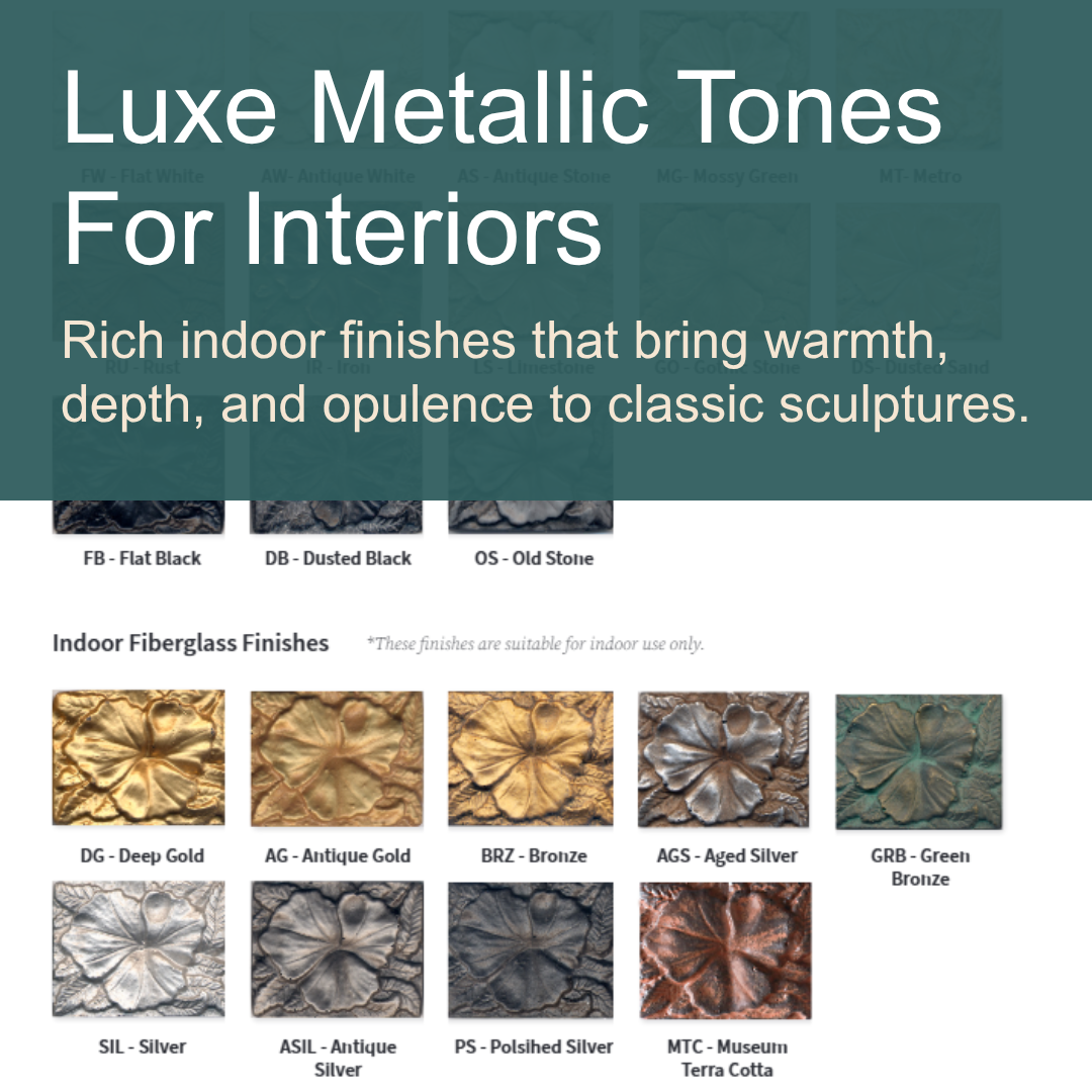 A promotional graphic for Luxe Metallic Tones for Interiors, showing a dark teal header with white text and a grid of metallic finish samples below, including Flat Black, Dusted Black, Old Stone, Deep Gold, Antique Gold, Bronze, Aged Silver, Green Bronze, Silver, Antique Silver, Polished Silver, and Museum Terra Cotta.