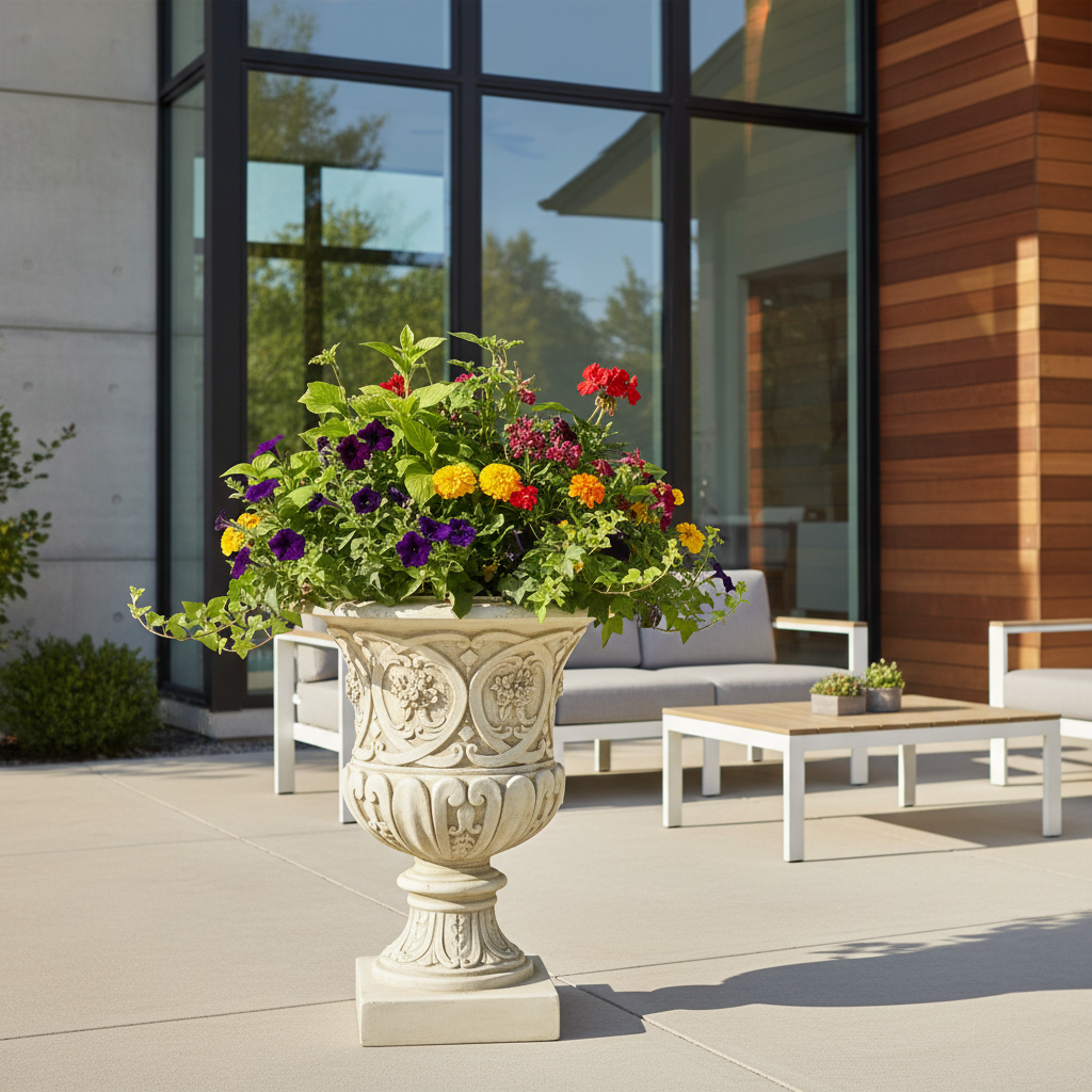 Decorative urn with colorful flowers on a patio with modern furniture