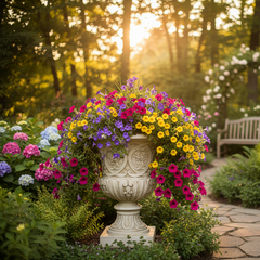Decorative urn filled with colorful flowers in a garden setting with a bench and trees_Introducing the Elegant Lippie Urn - Architectural Urns 