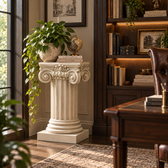A decorative white classical column pedestal holding a potted green plant, styled in a warm, traditional home office next to a dark wood bookshelf and desk.