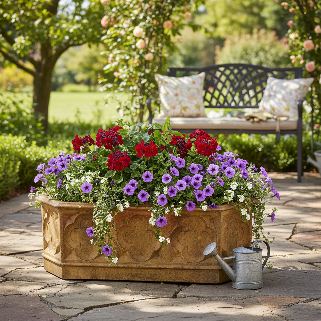 Decorative stone planter with flowers on a patio