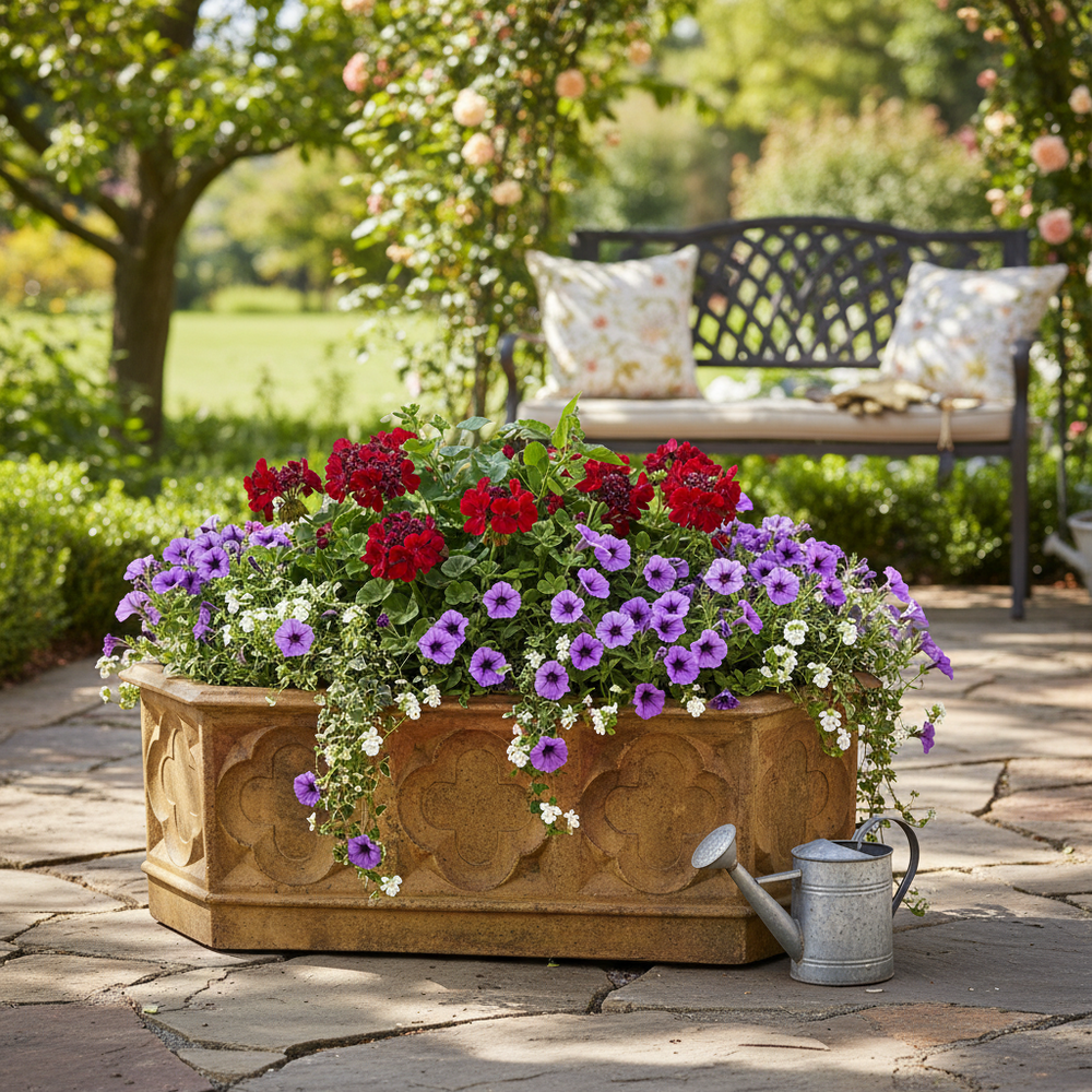 Decorative stone planter with flowers on a patio