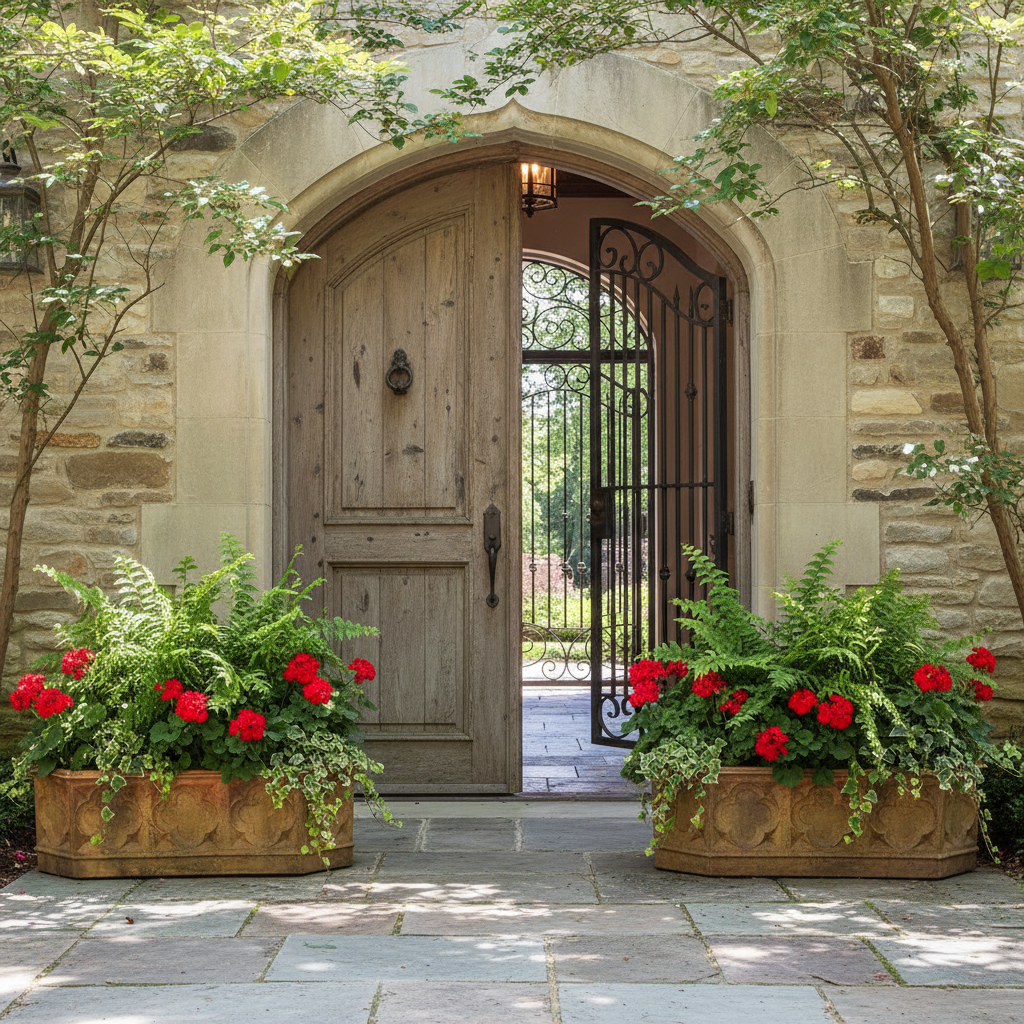 Decorative stone archway with wooden door, surrounded by potted plants with red flowers.