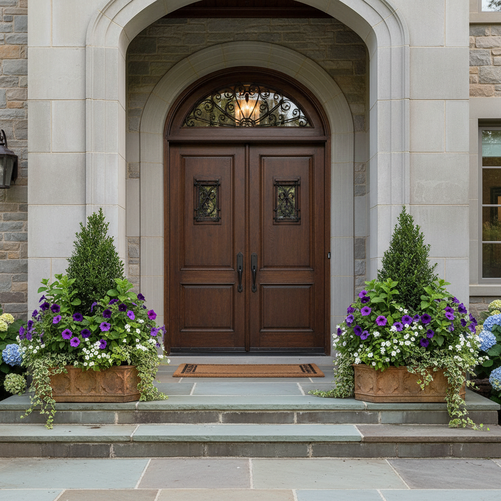 Front door of a house with decorative plants on either side