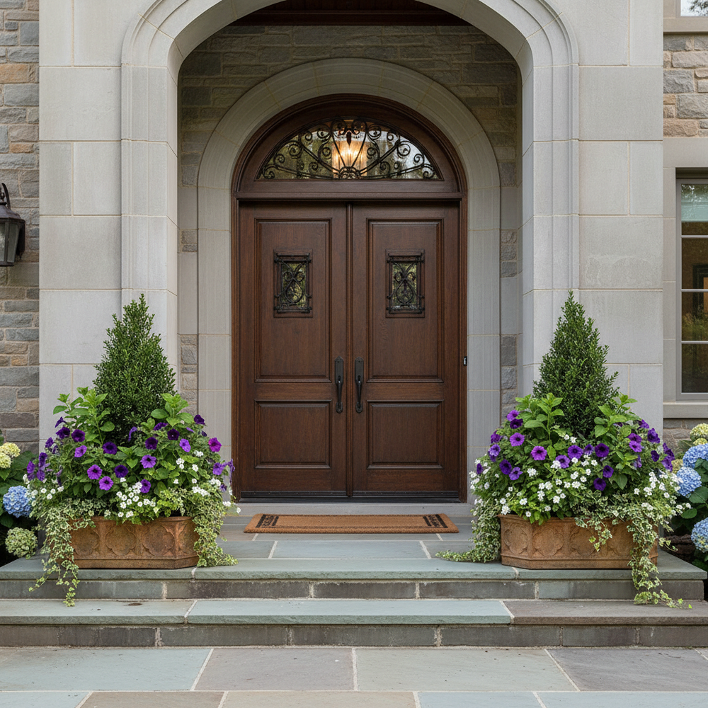 Front door of a house with decorative plants on either side