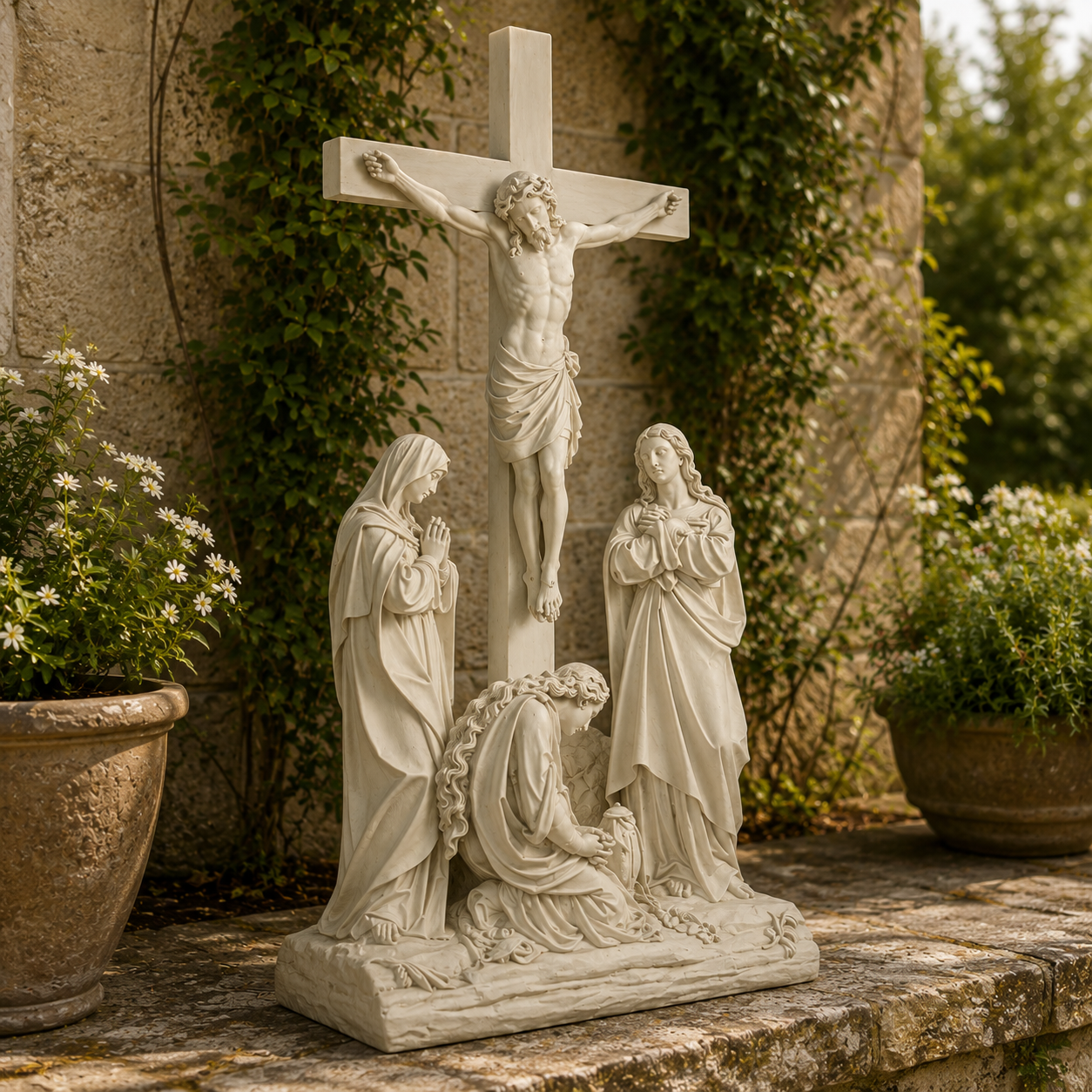 Statue of Jesus on the cross with Mary and John in a garden setting