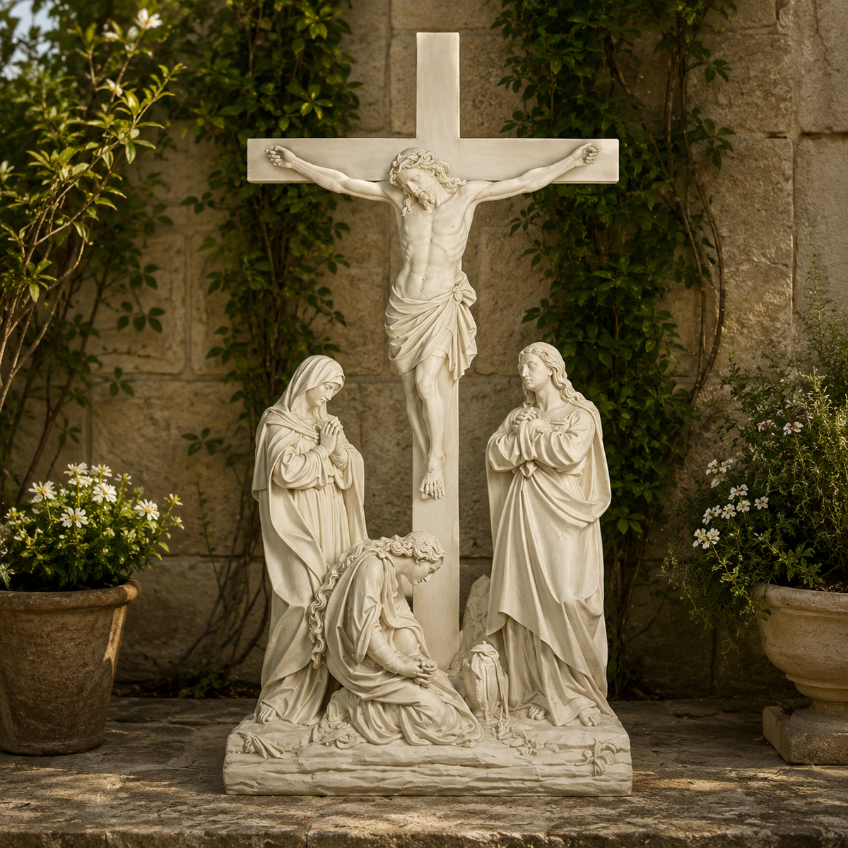 Statues of religious figures in a garden setting with a cross