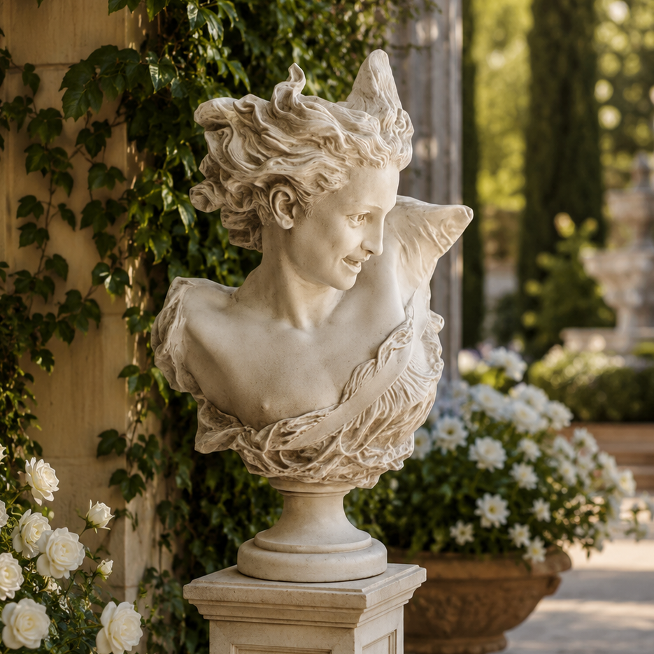 A classical-style stone bust sculpture of a woman with flowing hair, mounted on a rectangular pedestal, photographed outdoors in a garden setting with flowers, greenery, and a sunlit stone path.
