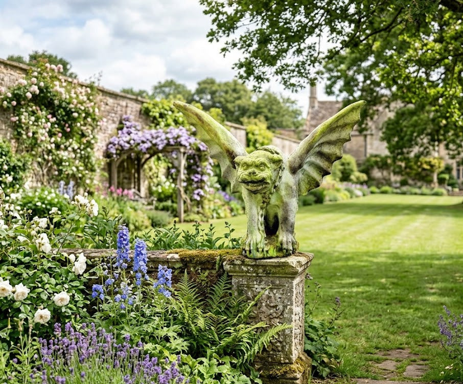 Gargoyles on stone pillars in a lush garden with flowers and trees