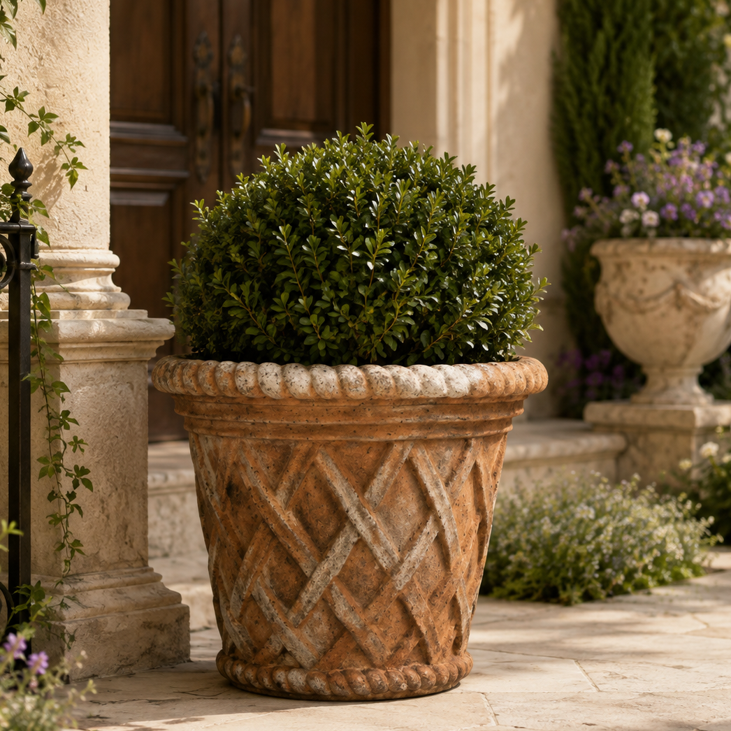 A large terracotta-colored stone planter with a carved basket-weave pattern, filled with a rounded green shrub, set on a stone patio in front of a classical building entrance.