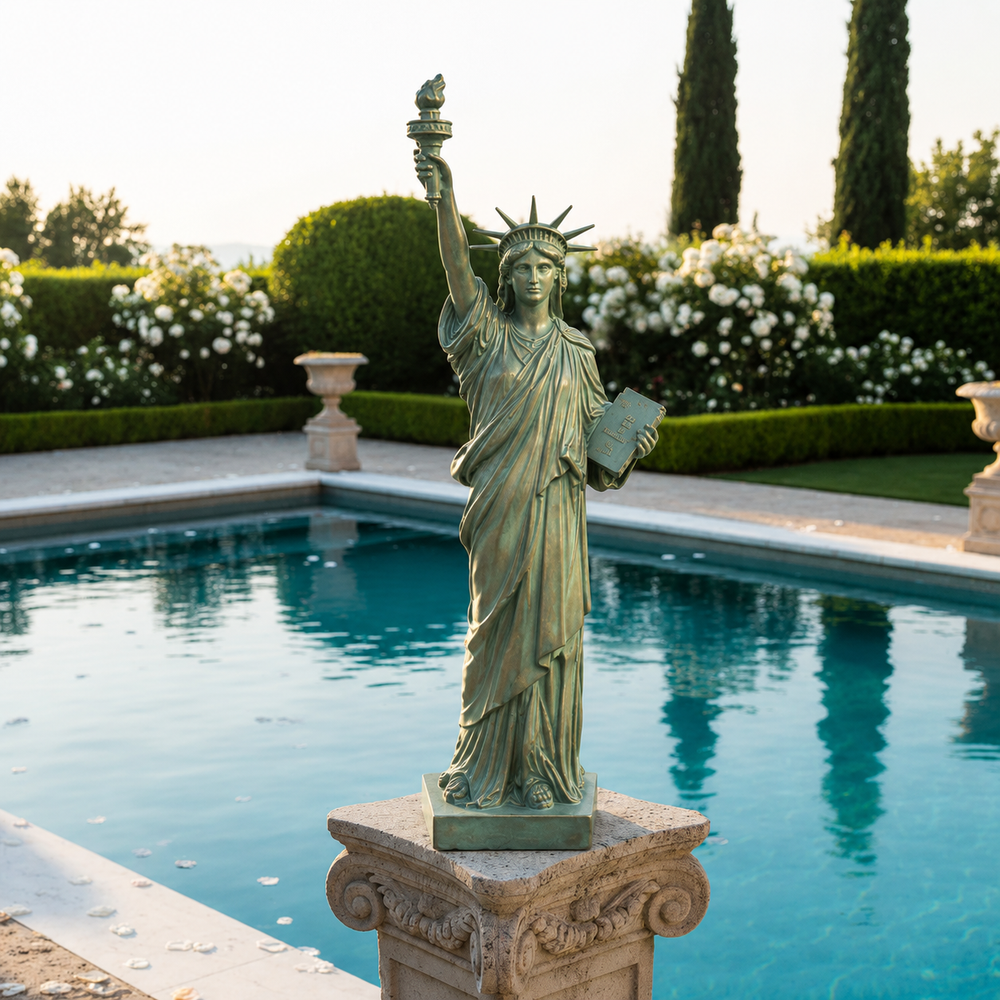 Statue of Liberty replica on a pedestal by a pool with garden in the background