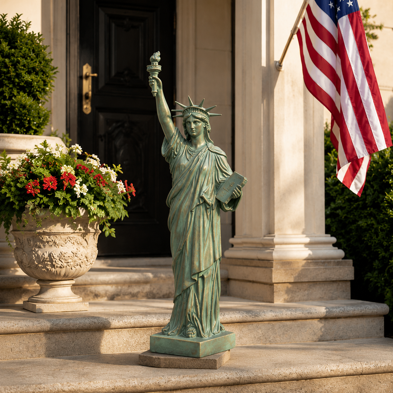 Statue of Liberty model in front of a building with an American flag and flowers.